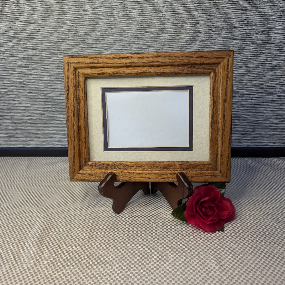 Solid wood honey oak picture frame Double mat board rectangular glass Vtg.